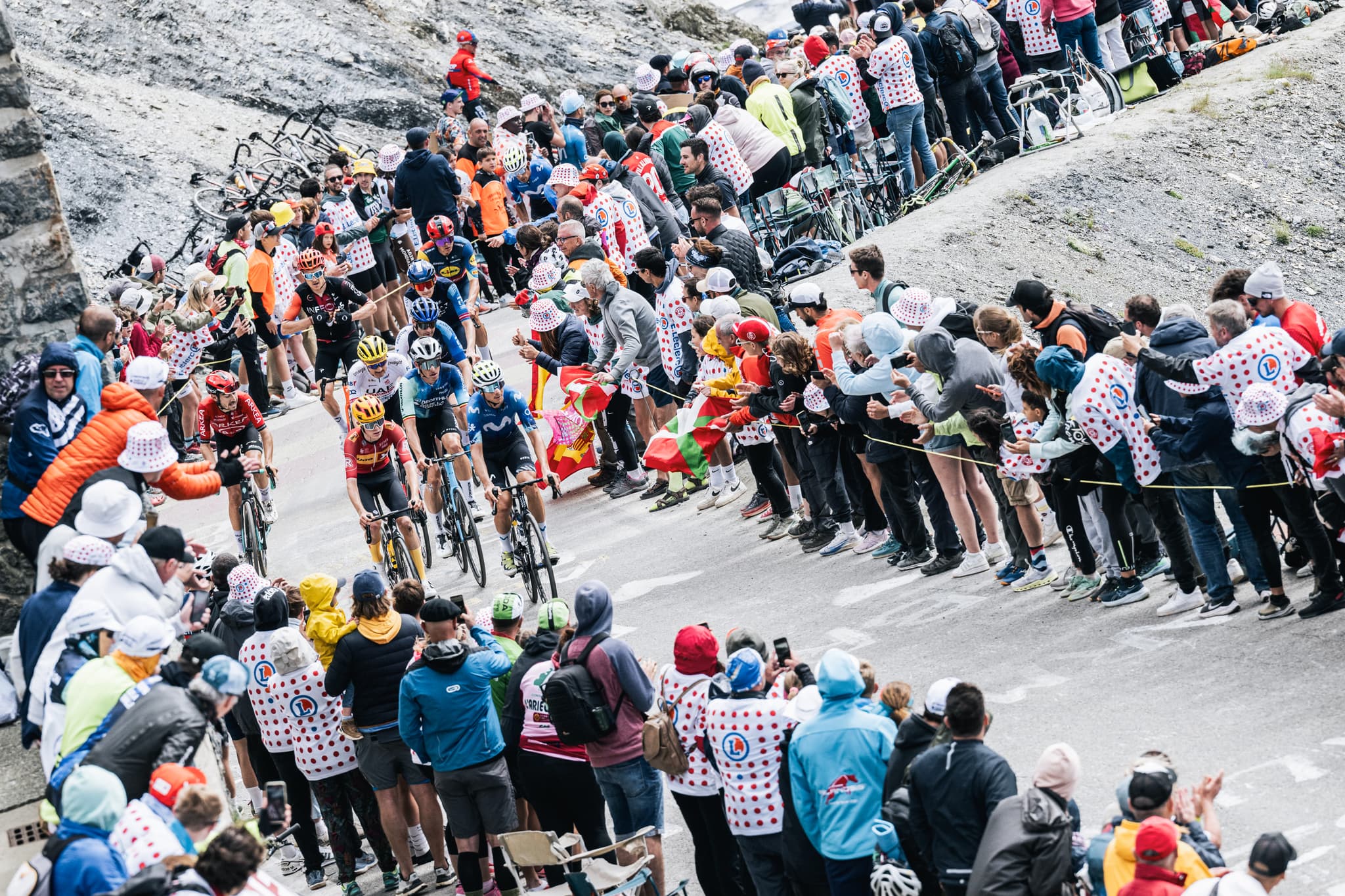 Col du Tourmalet: Riders climb through crowds at the Tour de France.