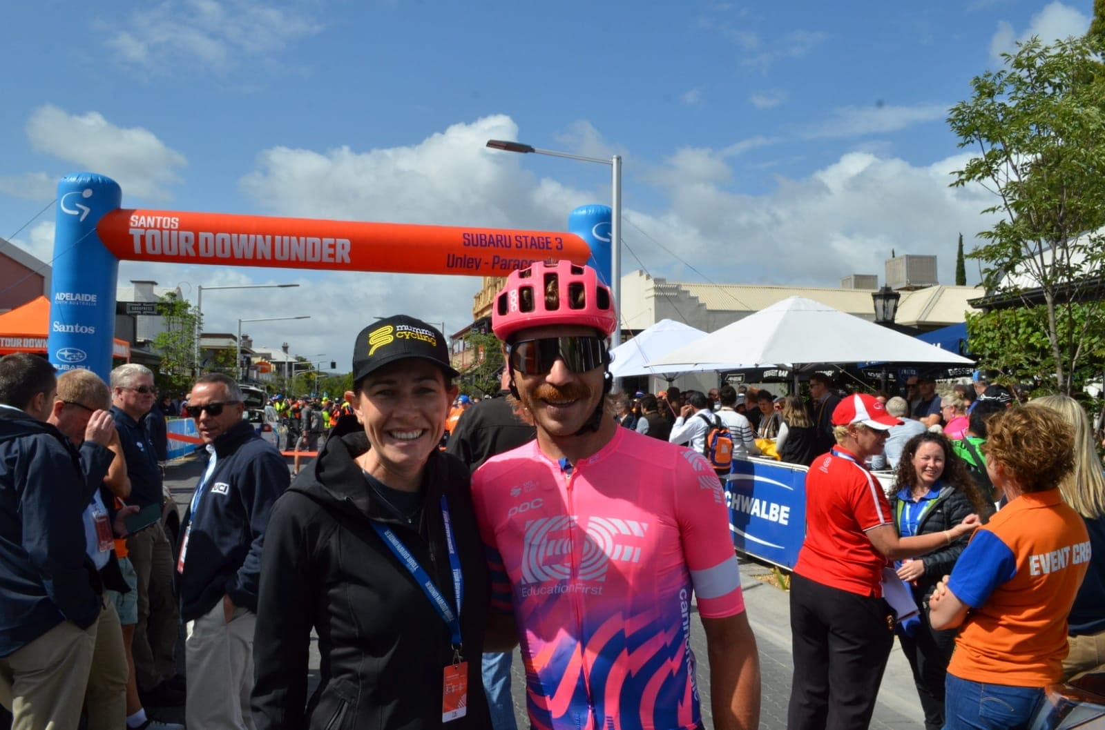 EF Education rider with Mummu Cycling staff at Tour Down Under
