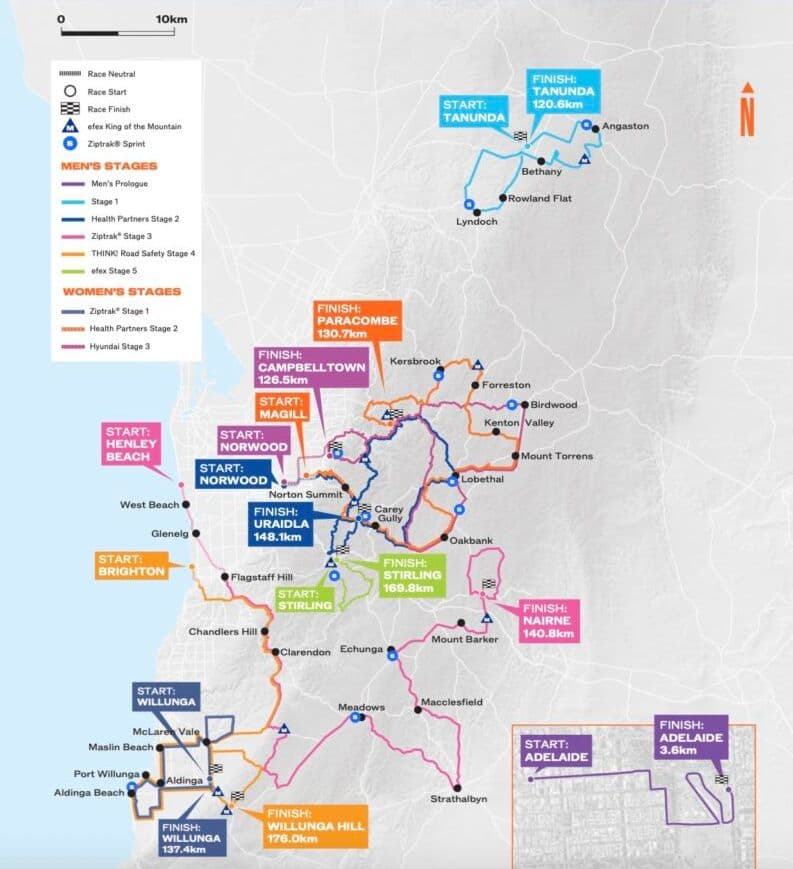 Map of Santos Tour Down Under stages, South Australia