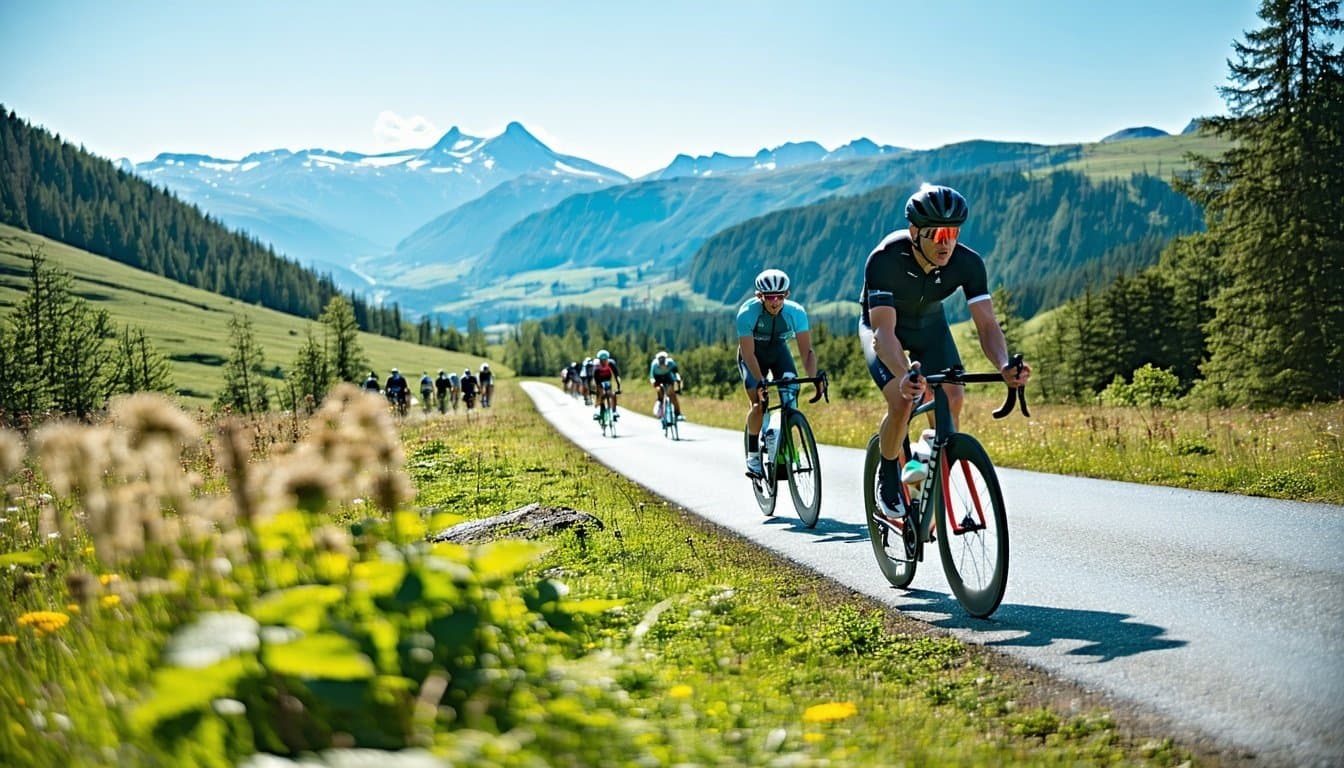 Group of cyclists riding on a mountain road.